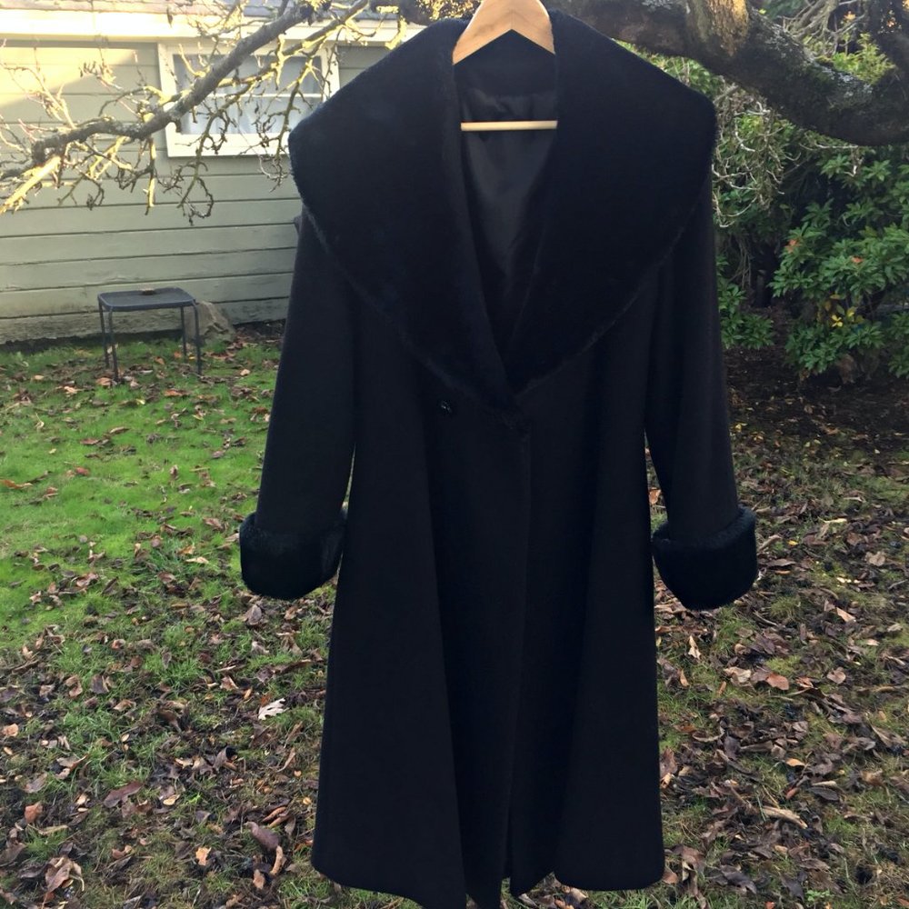EX+ VTG 30s Style WOOL COAT Faux Fur Cuffs Oversize Collar Fit & Flare STUNNING - Picture 2 of 15